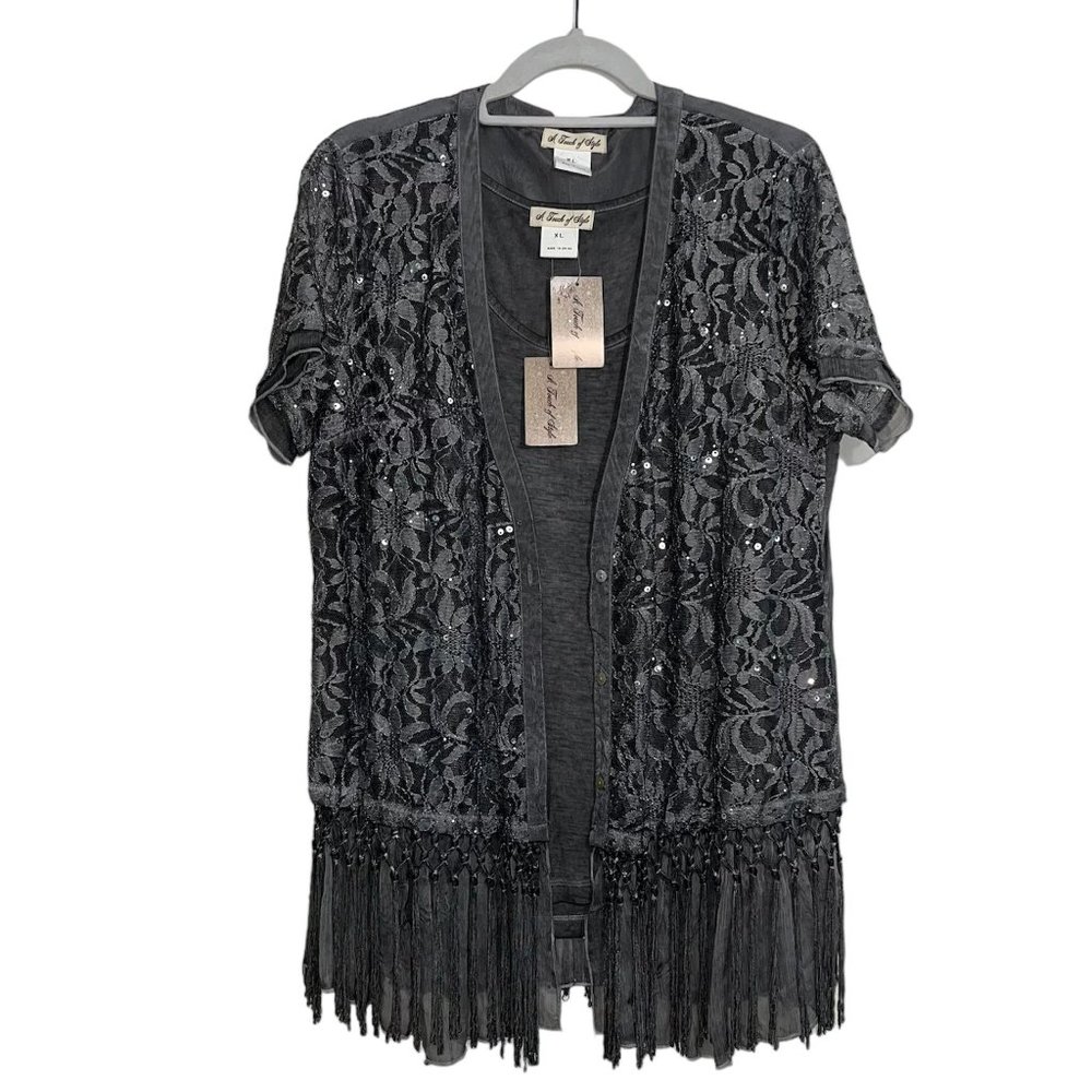 NWT A Touch Of Style - Women Sz XL - 2 Peice Set Grey Tank Top & Grey Lace Top